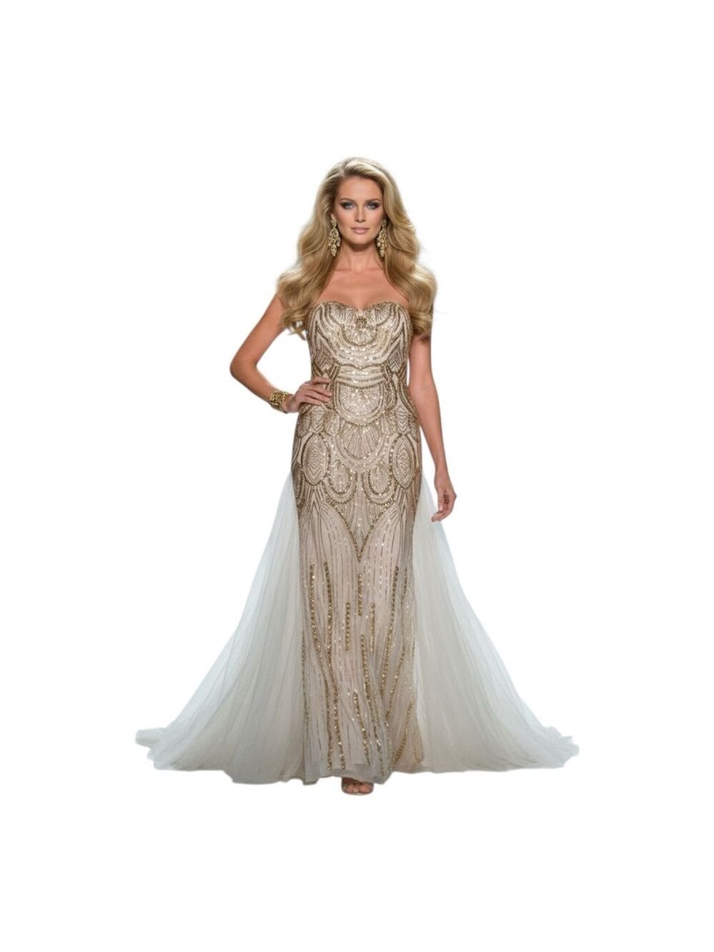 Angel Fashions Size XL Gold Sequin Strapless Tulle Mermaid Gown NWT